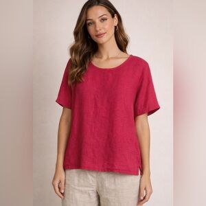 FLAX 100% Linen Short Sleeve Boxy Top Pink Small Lagenlook Minimalist Minimal